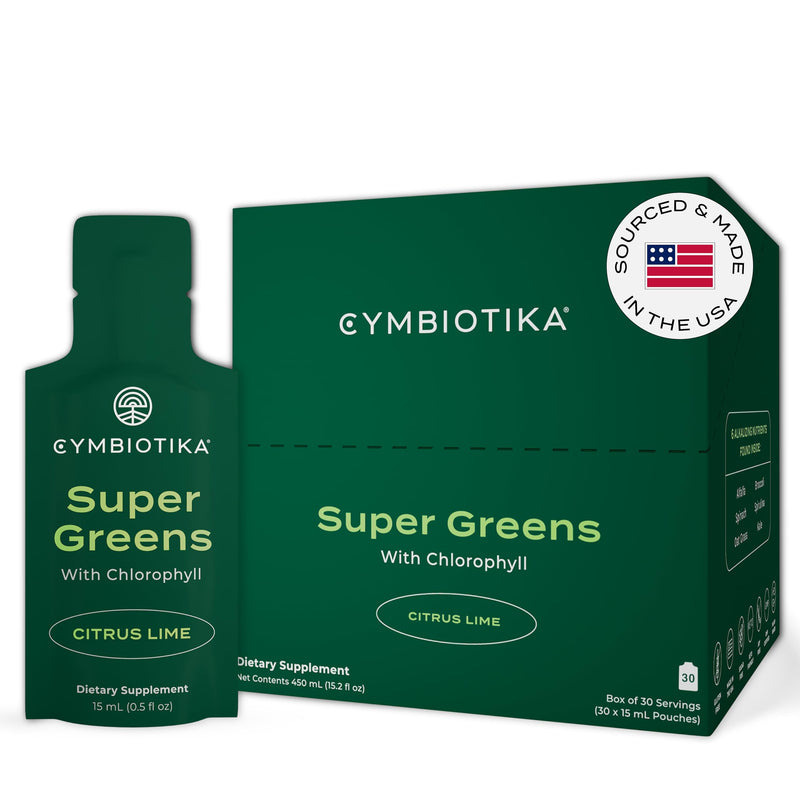 [Australia] - CYMBIOTIKA Super Greens Supplement with Chlorophyll, Spirulina, Daily Vegan Superfood Packets for Digestive Gut Health, Detox, Energy and Immune Support, Citrus Lime Flavor, 15 mL Pouches, 30 Pack 