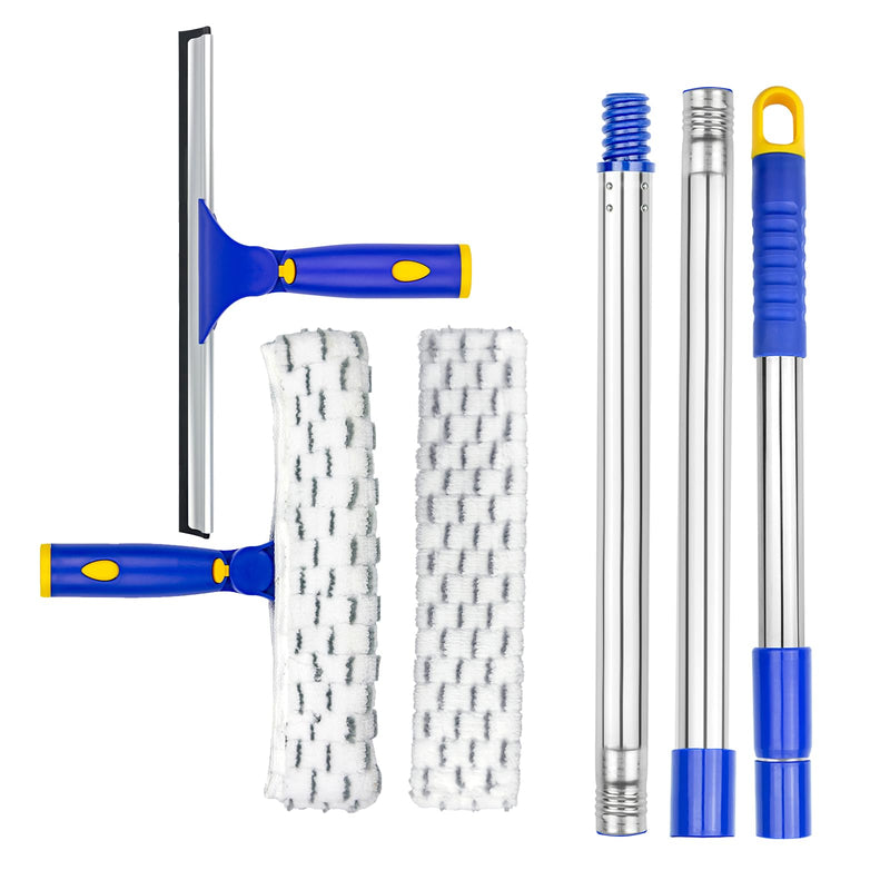 [Australia] - ITTAR Window Cleaner Squeegee,Rotatable Squeegee and Microfiber Scrubber with Extendable 3 Section Stainless Steel Pole,Window Cleaning Tool with 2 Microfiber Pads for Shower Glass Door,Car Windshield 1 Set of Pole 