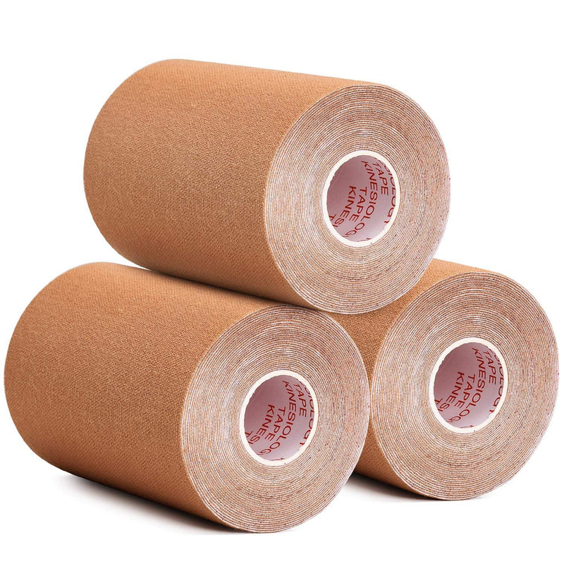 [Australia] - 3 Pack Kinesiology Tape, Water Resistant Muscle Support Adhesive Sport Tape for Pain Relief, Latex Free Cotton Elastic Athletic Tape for Joints, Knee, Ankle, Shoulder, Wrist - Tan 4in 5.5yd 