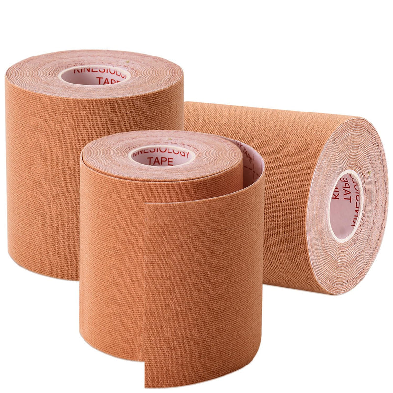 3 Pack Kinesiology Tape, Water Resistant Muscle Support Adhesive Sport Tape for Pain Relief, Latex Free Cotton Elastic Athletic Tape for Joints, Knee, Ankle, Shoulder, Wrist - Tan 3in 5.5yd