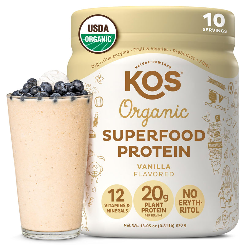 KOS Plant Based Protein Powder, Vanilla USDA Organic - Low Carb Pea Protein Blend, Vegan Superfood Rich in Vitamins & Minerals - Keto, Soy, Dairy Free - Meal Replacement for Women & Men - 10 Servings 13.05 Ounce (Pack of 1)
