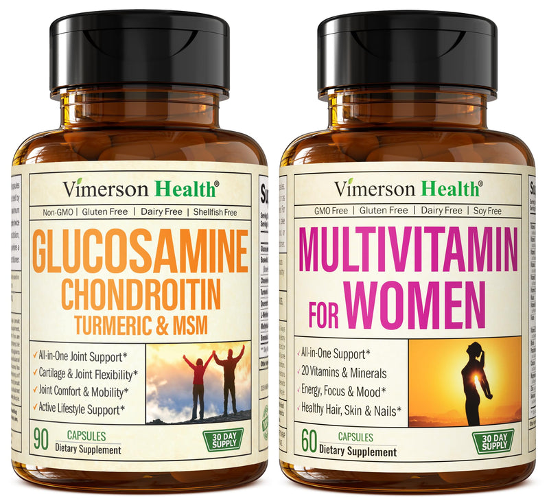 Vimerson Health Glucosamine Chondroitin Turmeric + Multivitamin for Women 2-Bottle Supplement Bundle for Her. Healthy Immune Response, Joint Support, Antioxidant Properties