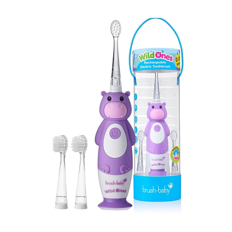 [Australia] - BrushBaby - WildOnes - Kids Rechargeable Electric Toothbrush, Ages 0-10 - Holly Hippo Design with Flashing Lights - DeepClean Bristles for Superior Cleaning - 2 Replacement Brush Heads, 1 USB Cable 