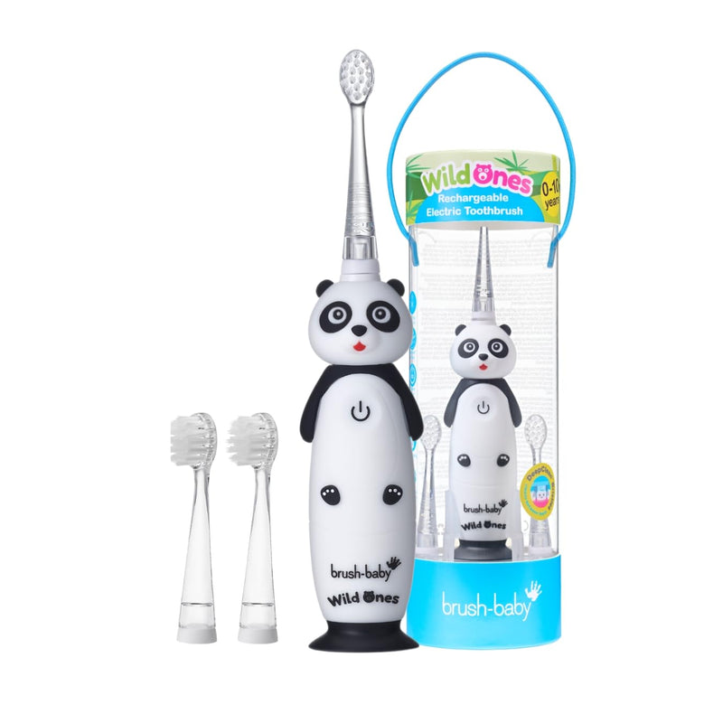 [Australia] - BrushBaby - WildOnes - Kids Rechargeable Electric Toothbrush, Ages 0-10 - Pan-Pan Panda Design with Flashing Lights - DeepClean Bristles for Superior Cleaning - 2 Replacement Brush Heads, 1 USB Cable 
