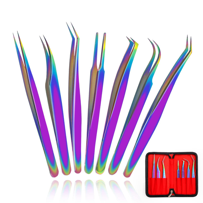 Eyelash Extension Tweezers Set, Fangze 7 Pcs Lash Kit Rainbow Stainless Steel Straight and Curved Tweezer for Nail Art Ingrown Hair Craft Eyelash Extension Tweezers