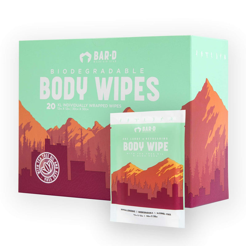 [Australia] - Bar-D Cleansing Face & Body Wipes for Women and Men - Individually Wrapped Biodegradable Shower Wipes with Tea Tree Oil & Aloe Vera (20 Count/Box) 20 Count (Pack of 1) 