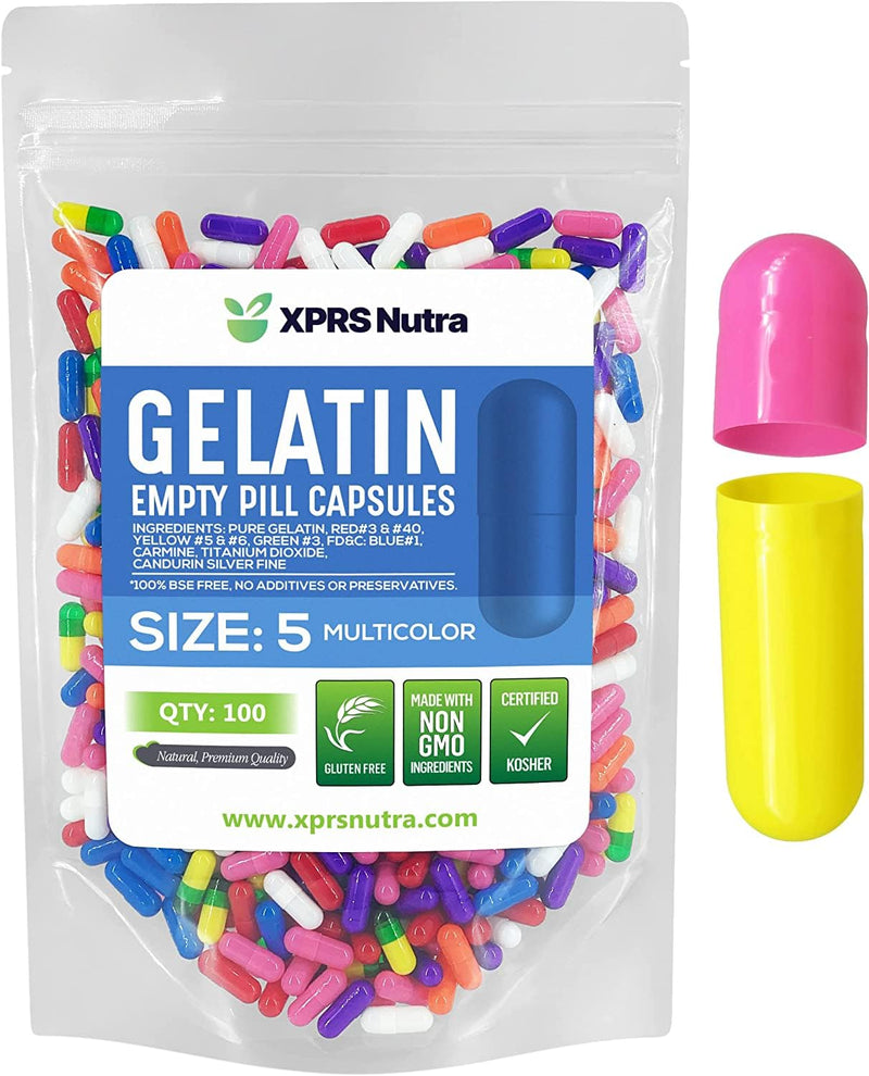 XPRS Nutra Size 5 Empty Capsules - 100 Count Very Small Empty Gelatin Capsules - Pills DIY Capsule Filling - Fillable Pill Gel Caps for Do-It-Yourself Vitamin Supplements (Multi Color)