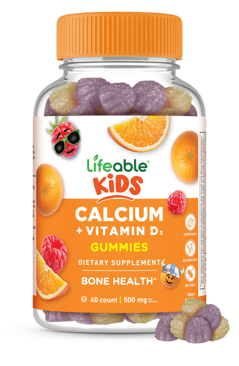 Lifeable Kids Calcium Gummies with Vitamin D3 | 500 mg Calcium with Vitamin D3 1000 IU | Great Tasting Calcium Supplement for Kids | for Bone Health and Teeth Growth | 60 Gummies 60 Count (Pack of 1)