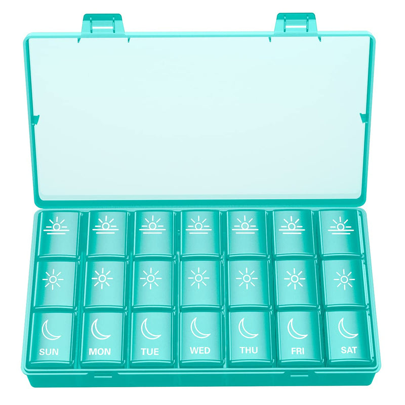 BUG HULL Weekly Pill Organizer 3X a Day, Daily 7 Day Medicine Pill Organizer 3 Times a Day, Travel Pill Case Container for Vitamins, Supplements Cyan Blue