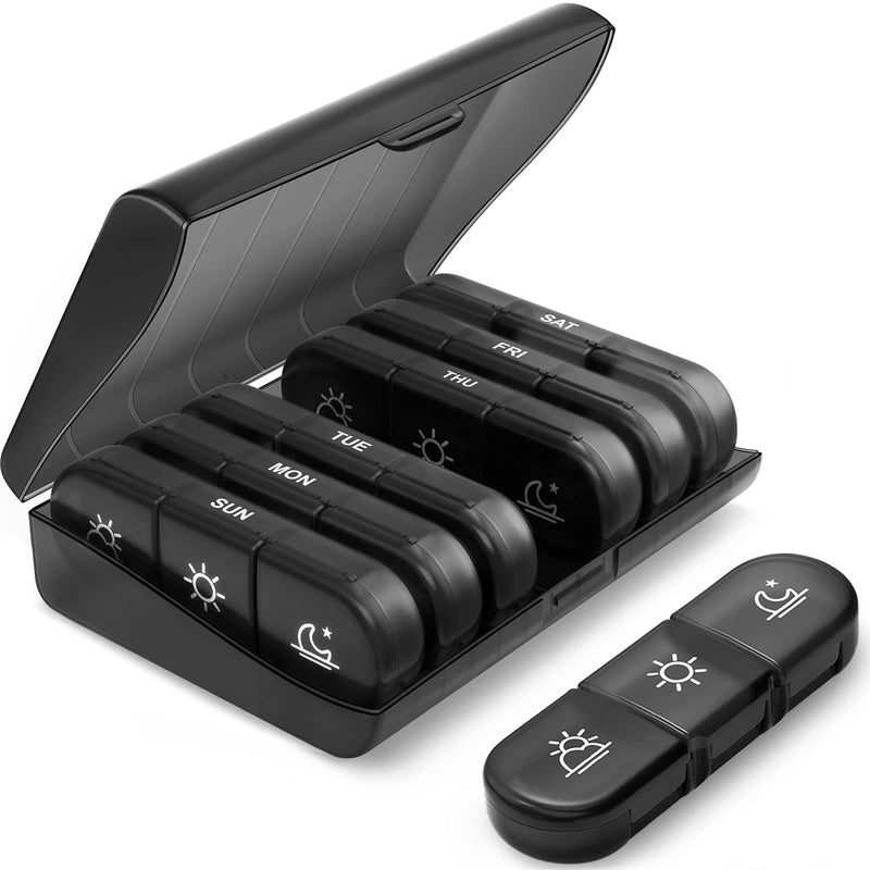 [Australia] - PULIV Weekly Pill Organizer 3 Times a Day, Portable Travel Pill Box 7 Day with Large Pill Containers, Light-Proof Pill Case for Vitamins, Medication, Supplements and Fish Oils (Black) Black 