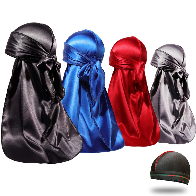 [Australia] - 4PCS Silky Durags for Men Women 360 Waves with 1 Wave Cap, Silky Satin Durag Extra Long Tails Black Blue Gray Red 