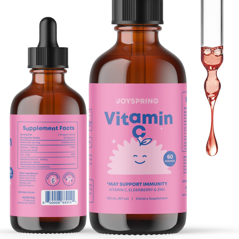 JoySpring Kids Vitamin C Drops, Elderberry, 4 fl oz, 60 Count | Paired with zinc for daily immune wellness, sugar-free liquid, no dyes, family size, easy to add to water or juice 4 Fl Oz (Pack of 1)