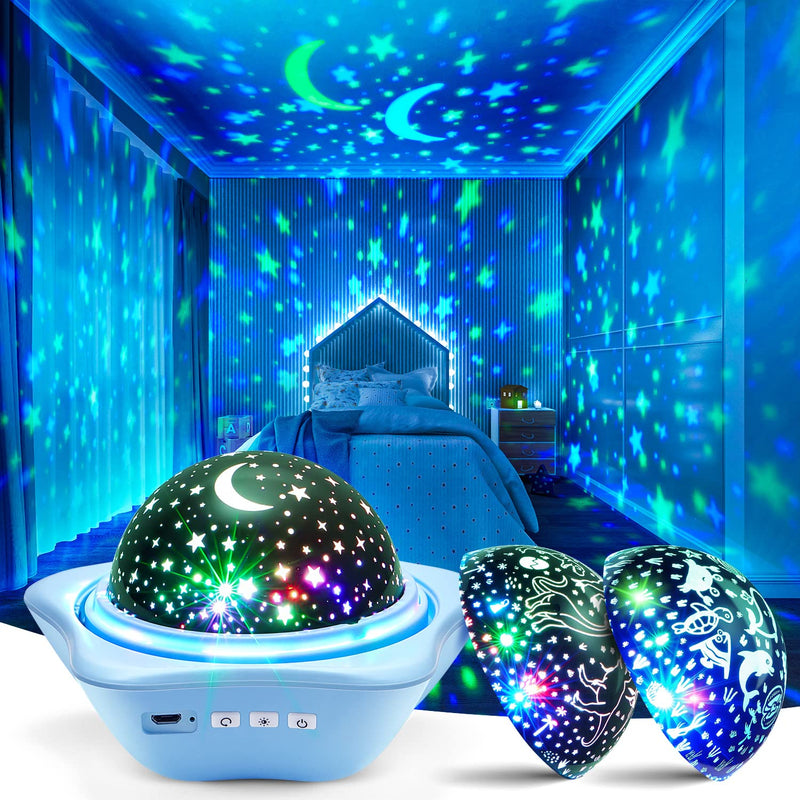 [Australia] - One Fire Night Light for Kids, 96 Lighting Modes Star Projector 360° Rotating+6 Films Kids Night Light Projector,Rechargeable Baby Night Light Ceiling Projector for Bedroom,Kids Gifts&Kids Room Decor Blue 