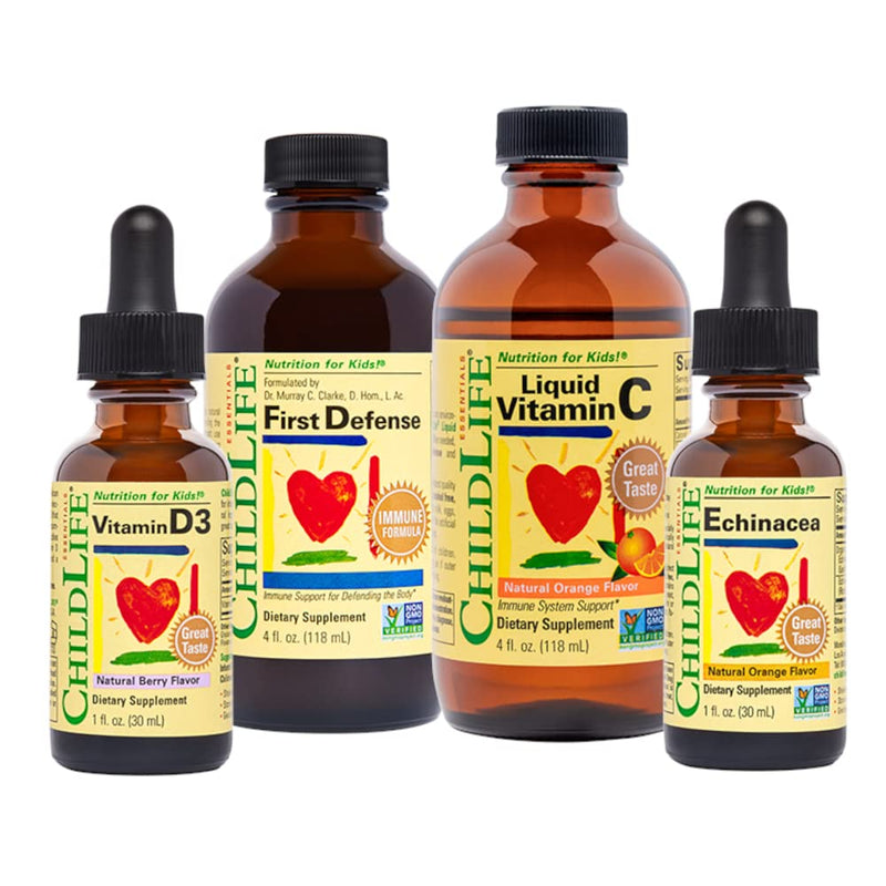 [Australia] - CHILDLIFE ESSENTIALS Immune Support 4-Pack for Infants, Babies, Kids, and Toddlers - Vitamin D3 Natural Berry Drops, Liquid Vitamin C Natural Orange, Echinacea Natural Orange, and First Defense 