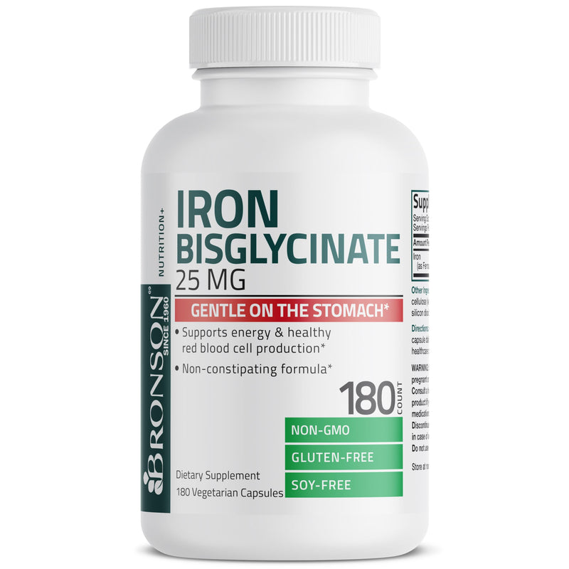 [Australia] - Bronson Iron Bisglycinate 25 mg Gentle on The Stomach, Supports Energy & Healthy Red Blood Cell Production - Non-Constipating Formula - Non GMO, 180 Vegetarian Capsules 180 Count (Pack of 1) 