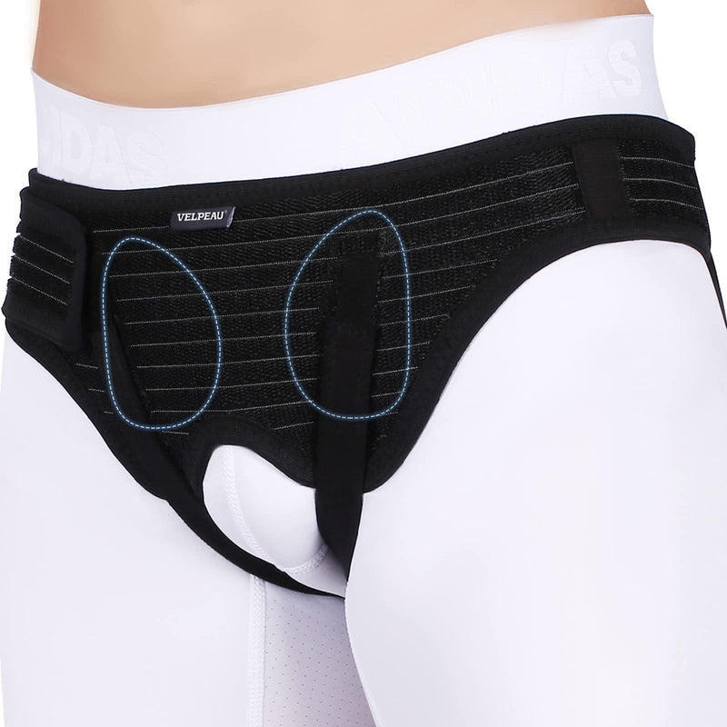 [Australia] - VELPEAU Hernia Belt Truss for Men and Women - Hernia Support Brace for Single/Double Inguinal or Sports Hernia, 2 Removable Compression Pads & Adjustable Groin Straps(Medium, Hip Circumference 35-42") Medium Black 