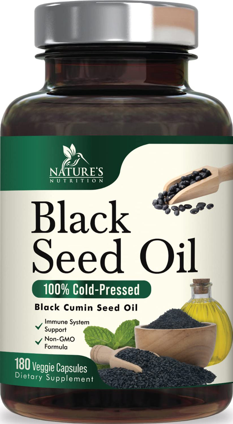 [Australia] - Black Seed Oil Capsules 1000mg - Vegan Cold-Pressed Nigella Sativa Black Seed Oil, Nature's Pure Black Cumin Seed Oil for Immune, Hair and Brain Support, Non-GMO - 180 Capsules 180 Count (Pack of 1) 