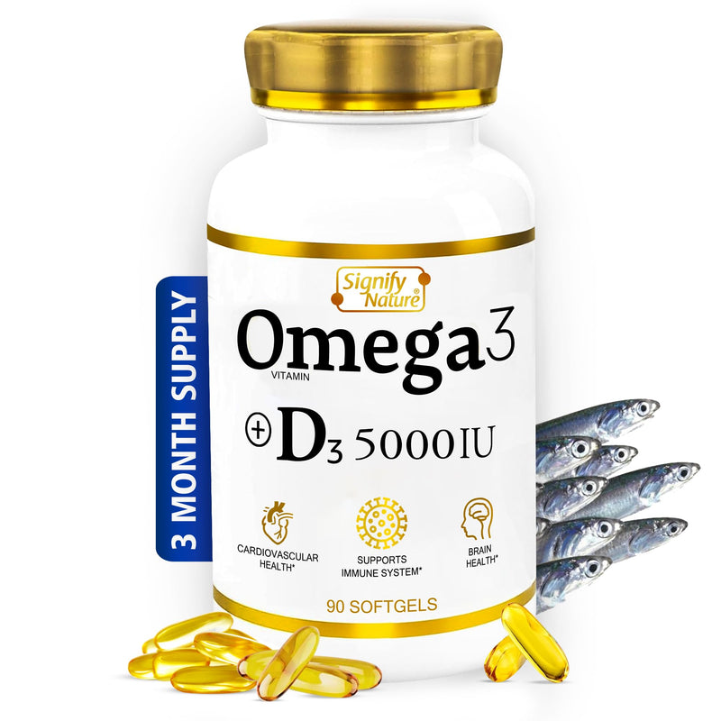[Australia] - SIGNIFY NATURE Omega 3 Fish Oil Supplement with Vitamin D3 5000 IU - 1000mg Triglyceride Capsules for Brain Health - Omega3 EPA DHA + VIT D 3-90CT 