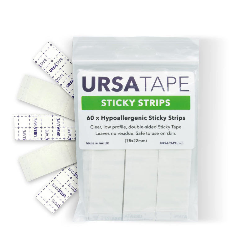 URSA Tape Sticky Strips No-Residue Clear Hollywood Fashion Tape for Women Double Sided | for Costumes, Dresses, Shoes & More | Body Tape for Delicate Skin, Double Sided Fabric Tape for Clothes 60 Pack