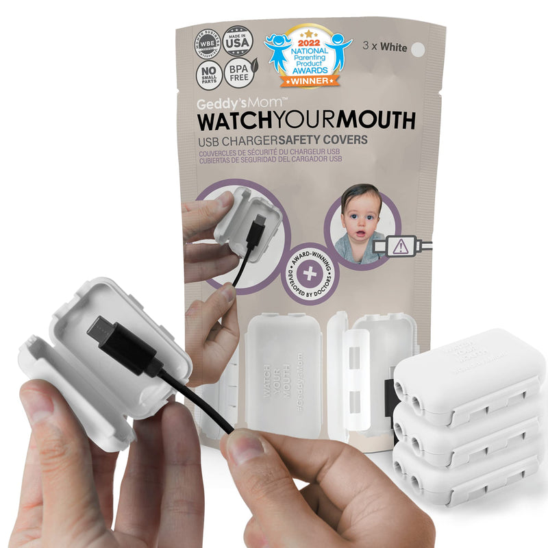 [Australia] - Watch Your Mouth Baby Proof Cord Cover | Award-Winning USB Charger Cover for Baby Proofing Cords | BPA & Phthalate-Free Charger Cover Protector | Electrical Safety Baby Products, (3-Pack, White) 