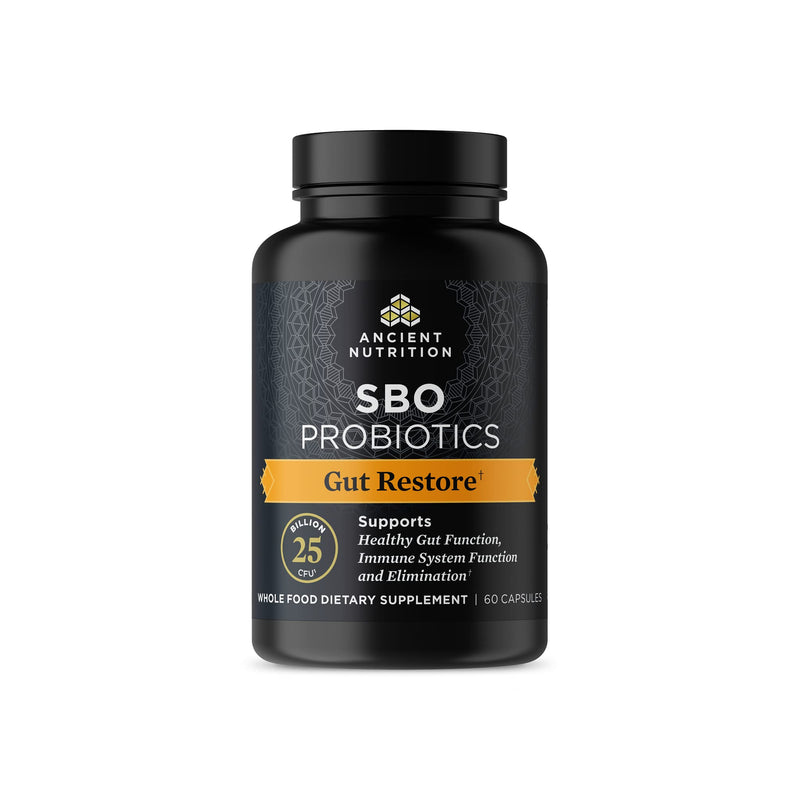 [Australia] - Ancient Nutrition Probiotics, SBO Probiotics Gut Restore 60 Ct, Promotes Gut Health, Digestive and Immune Support, Gluten Free, Ancient Superfoods Blend, 25 Billion CFUs* Per Serving 1 Count (Pack of 1) 