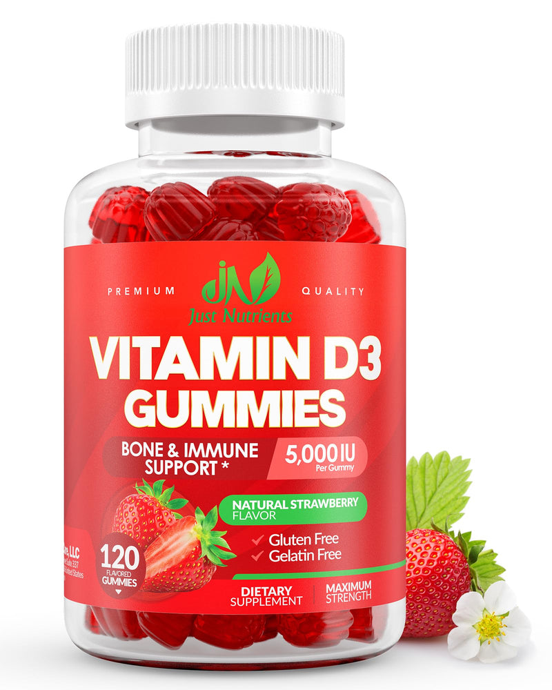 Vitamin D3 5000/10000 IU Gummies for Adults & Kids (120 Count) | Maximum Strength Support for Immune System, Bones & Teeth - Gluten-Free, Great Tasting Strawberry Flavor - 4 Month Supply