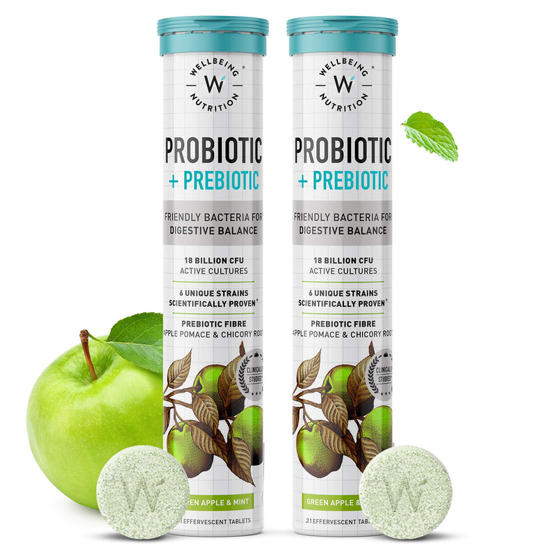 WELLBEING NUTRITION Daily Probiotic + Prebiotic| Plant Based |18 Billion CFU, 6 Strains for Men & Women with Organic Prebiotic Fiber for Digestion, Gut Health, Metabolism | 42 Effervescent Tabs 21 Count (Pack of 2)