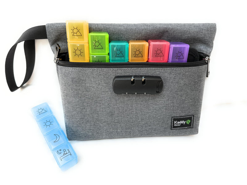 Kaddy Weekly AM/PM Secure Pill Organizer Box, (7-Day / 4-Times-A-Day) Portable Travel with Large Compartments for Medication, Supplements and Vitamins, 3 Digit Lock for Safety