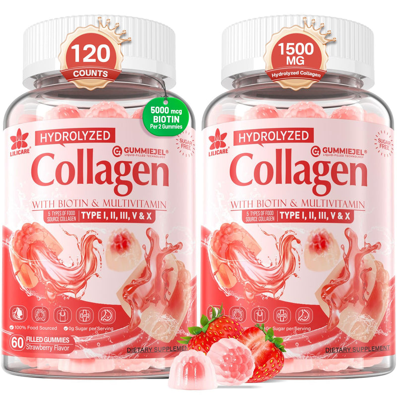2Pack Sugar-Free Hydrolyzed Collagen Peptide Filled Gummies for Women & Men, with 1500mg Protein Type I,II,III,V,X, 5000mcg Biotin Vitamin C A E D3 B6 B12 for Immune Digestion Skin Hair Nails, Bone 60 Count (Pack of 2)