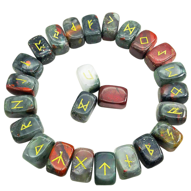 Natural Africa Bloodstone Futhark Viking Rune Stone Set, Engraved Letter Norse Witchcraft Healing Crystal Reiki Gemstones Irregular Shaped, 25Pcs Colorful Africa Bloodstone