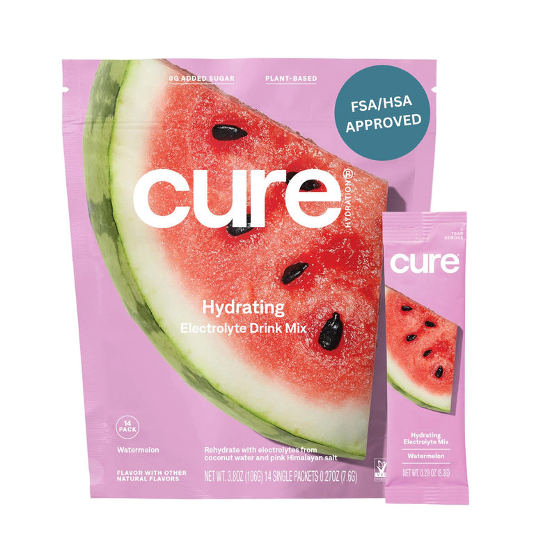 [Australia] - Cure Hydrating Electrolyte Mix | Powder for Dehydration Relief | FSA & HSA Eligible | Made with Coconut Water | No Added Sugar | Vegan | Paleo Friendly | Pouch of 14 Packets - Watermelon Flavor 14 Count (Pack of 1) 