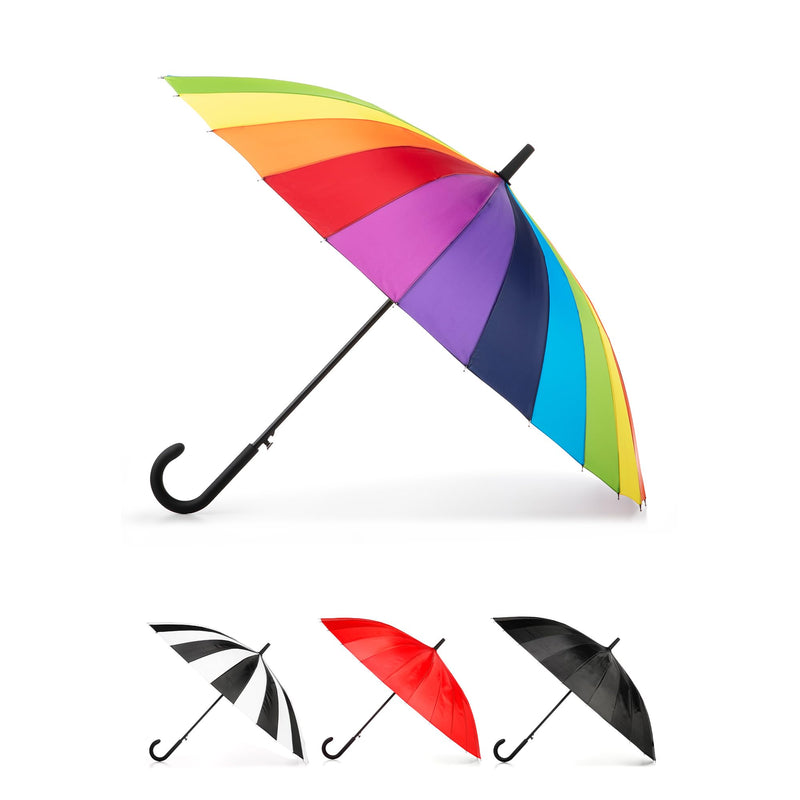 totes Large Eco Auto-Open 24 Rib Stick Umbrella with a Classic J Hook Curved Handle and water repellant One Size Bright Rainbow