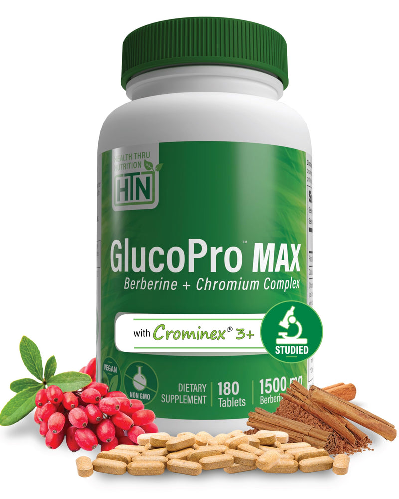 [Australia] - Health Thru Nutrition GlucoPro Max - with 1,500mg Berberine, Chrominex + Chromium, and 1,000mg Cinnamon | Vegan, Non-GMO, Gluten Free | Pack of 180 180 Count (Pack of 1) 