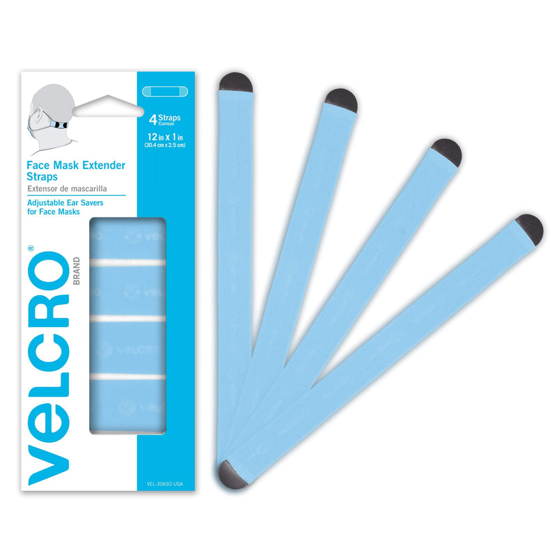 [Australia] - VELCRO Brand Face Mask Extender Straps 4pk Light Blue, 12” x 1” Comfortable and Adjustable Ear Savers, VEL-30692-USA 