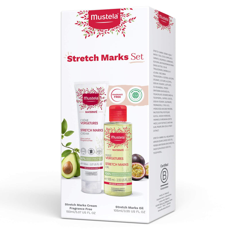 [Australia] - Mustela Maternity Stretch Marks Set - Natural Pregnancy Skincare - Contains Stretch Marks Cream & Belly Oil - EWG Verified & Fragrance-Free - 2 Items Set 