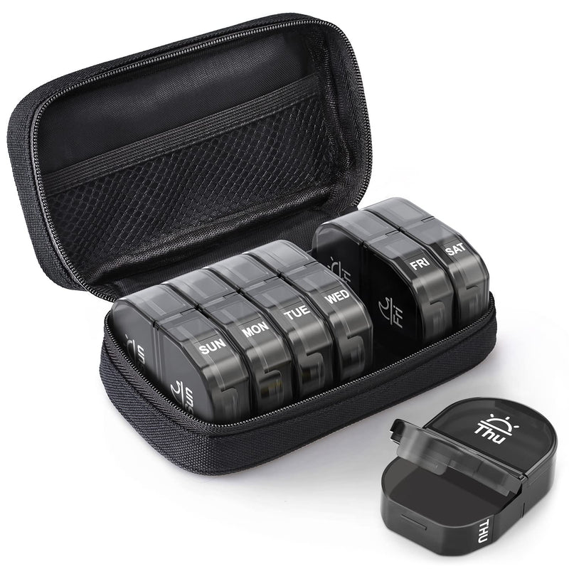 [Australia] - AUVON Canvas Bag Travel Pill Organizer 2 Times a Day, Large AM/PM Weekly Pill Box 7 Day Pill Case with Portable Zipper Cloth Bag for Holding Supplements, Vitamins and Fish Oils Black 