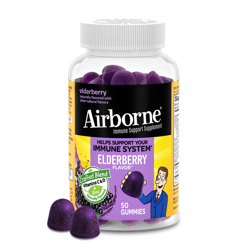 [Australia] - Airborne Elderberry + Zinc & Vitamin C Gummies For Adults, Immune Support Vitamin D & Zinc Gummies With Powerful Antioxidant Vitamins C D & E - 50 Gummies, Elderberry Flavor 50 Count (Pack of 1) Gummy 