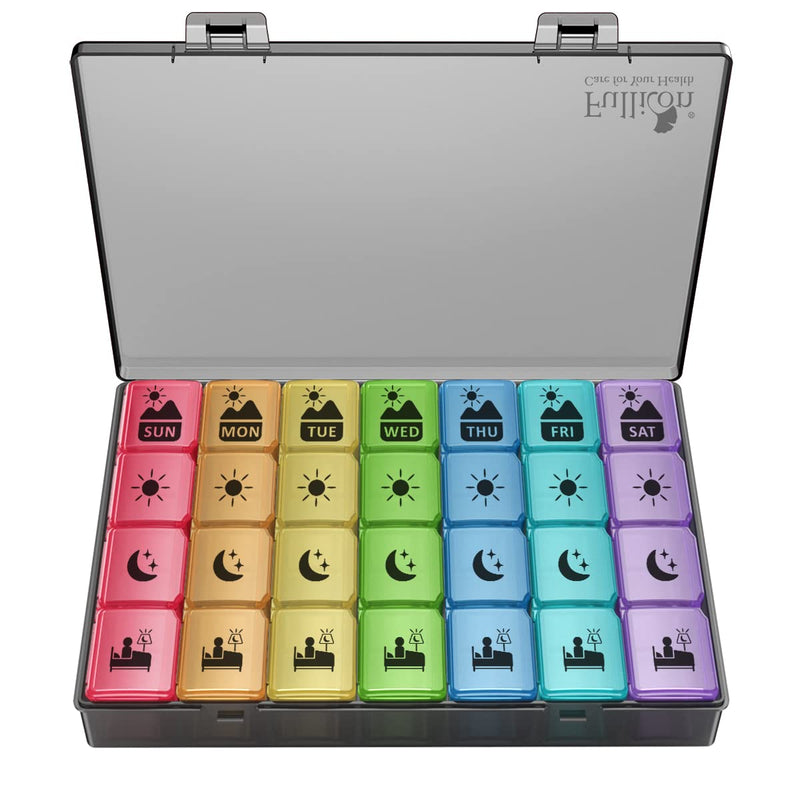 Fullicon Large Pill Organizer 4 Times a Day, 7 Day Pill Box, Black Rainbow | Each Compartment Holds 12 Fish Oils or 13 Vitamins, Clear Daily Icons, Durable Printing, Easy Open, Secure Snap Lids Multicolor