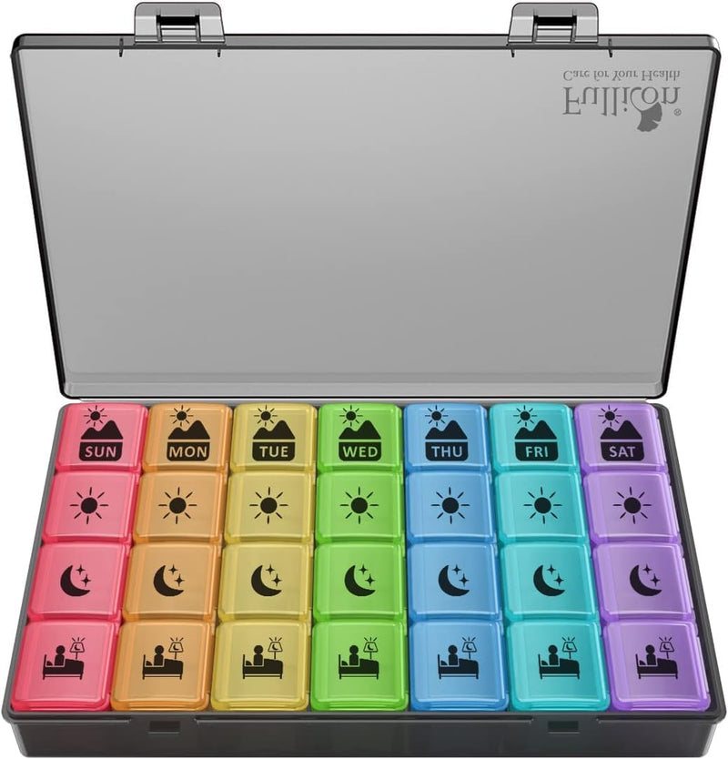 Fullicon Large Weekly Pill Organizer 4 Times a Day, 7 Day, Black Rainbow | Each Compartment Holds up to 9 Fish Oils, 10 Vitamins, or 16 Capsules, Secure Double Latch, Clear Day Labels Multicolor
