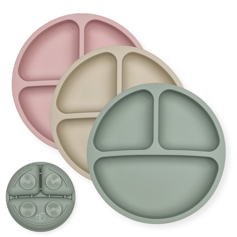 [Australia] - Hippypotamus Toddler Plates with Suction - Baby Plates - 100% Food-Grade Silicone Divided Plates - BPA Free - Dishwasher Safe - Set of 3 (Sage/Blush/Nude) Sage / Blush / Nude 
