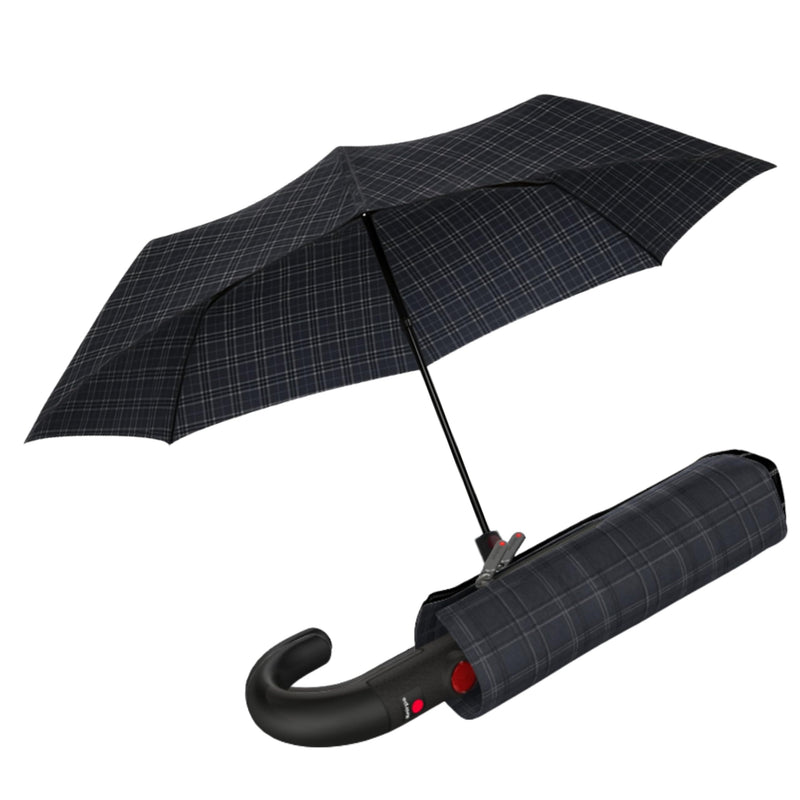 Knirps T.260 Medium Automatic Open Close Rain Umbrella with Curved Handle and Carrying Case - Compact Windproof Travel Umbrellas for Adults, 97cm Diamteter Men's Check