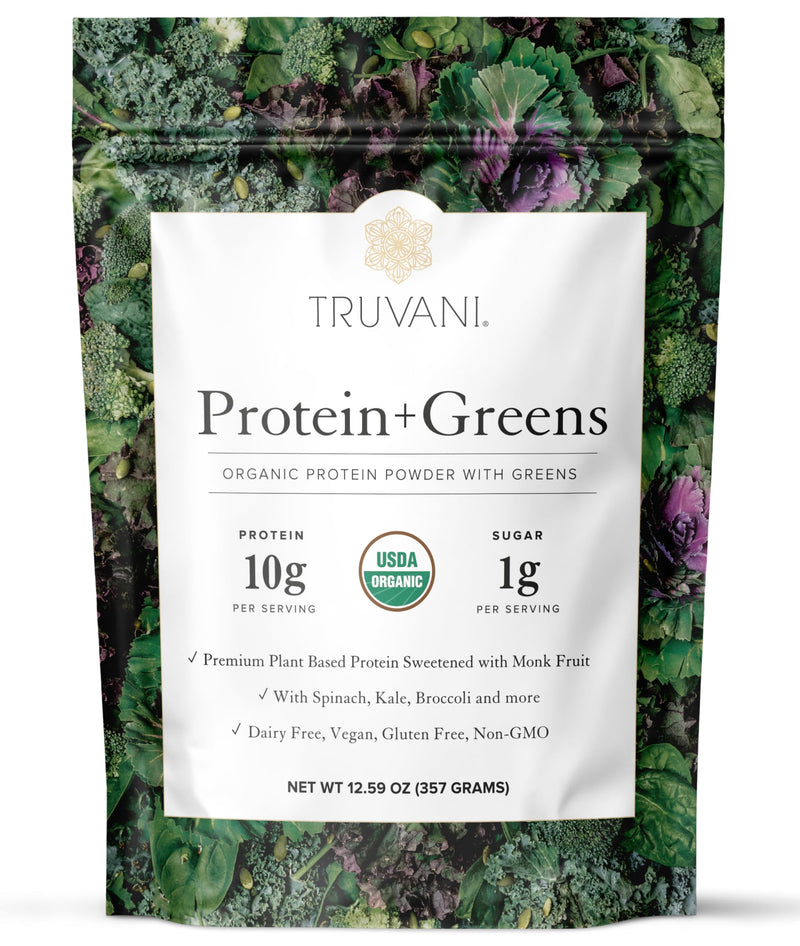 [Australia] - Truvani Protein + Greens Supplement | Spinach, Kale & Broccoli | 10g Organic Plant Based Protein | 20 Servings | USDA Organic | Gluten & Dairy Free | Vegan | No Added Sugar 