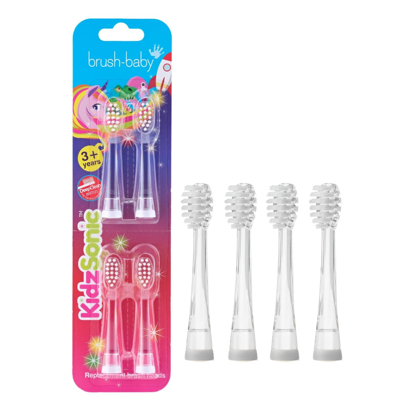 [Australia] - Brush-Baby - Kids Replacement Brush Heads for KidzSonic Electric Toothbrushes, 3+ Years - DeepClean Replaceable Toothbrush Heads with LED - Pack of 4 4 Count (Pack of 1) 