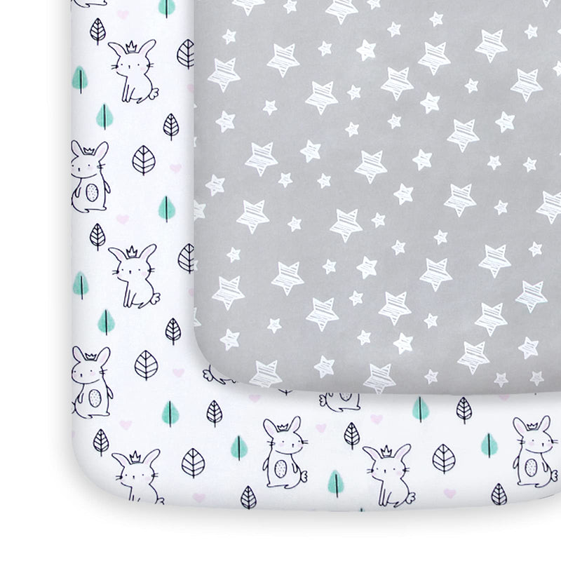 [Australia] - Pack and Play Sheets, 2 Pack Mini Crib Sheets, Stretchy Playard Fitted Sheet, Compatible with Graco Pack n Play, Soft and Breathable Material, Stars & Bunny Stars&bunny playard sheet 