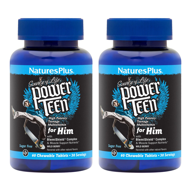 NaturesPlus Source of Life Power Teen for Him, Wild Berry - 60 Chewable Tablets, Pack of 2 - High Potency Teenage Multivitamin - Gluten Free, Sugar Free - 60 Total Servings 60 Count (Pack of 2)