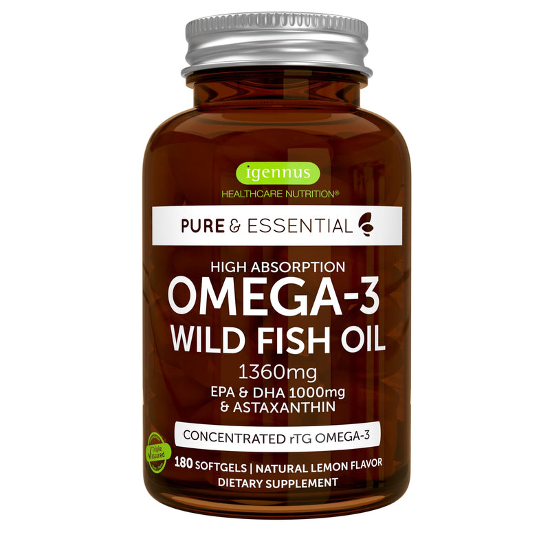 [Australia] - Igennus Ultra Pure Omega 3 Triglyceride rTG Wild Fish Oil 1360mg, IFOS Certified, EPA DHA 1000mg Plus Astaxanthin, Non-GMO, for Men & Women, 180 Softgels 