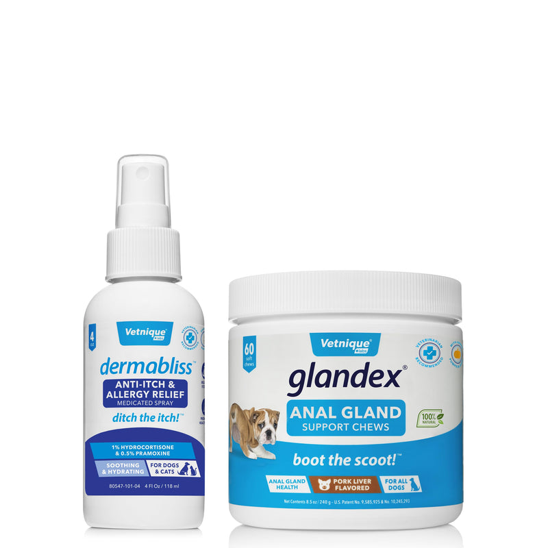 VETNIQUE Dermabliss Anti Itch Relief Dog Spray (4oz) & Glandex Anal Gland Support Soft Chew Treats with Pumpkin for Dogs (60ct Pork) Bundle - PawsPlanet Australia