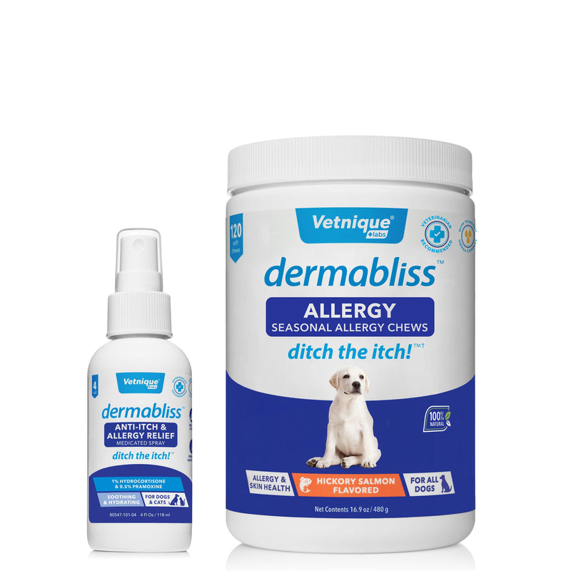 Dermabliss Allergy Chews 120ct and Dermabliss Anti-Itch & Allergy Relief Spray (4oz) Bundle Complete Skin Allergy Relief for Dogs with Dog Allergy Supplements, Hydrocortisone Spray for Dogs - PawsPlanet Australia