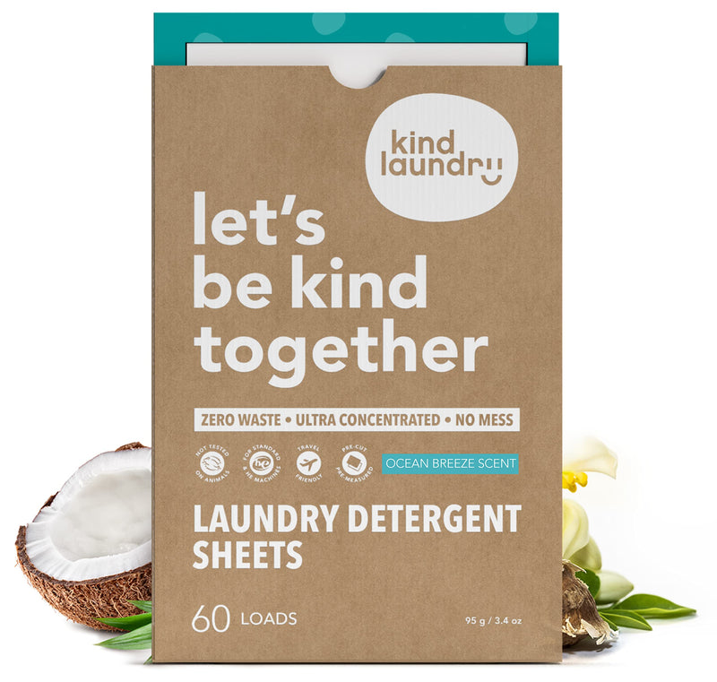 [Australia] - Kind Laundry Detergent Sheets with Powerful Stain-Fighting Enzymes - Biodegradable Plant Powered Eco-Friendly Laundry Soap Sheets - Home or Travel Laundry Detergent (Ocean Breeze, 60 Loads) Ocean Breeze 60 Count (Pack of 1) 