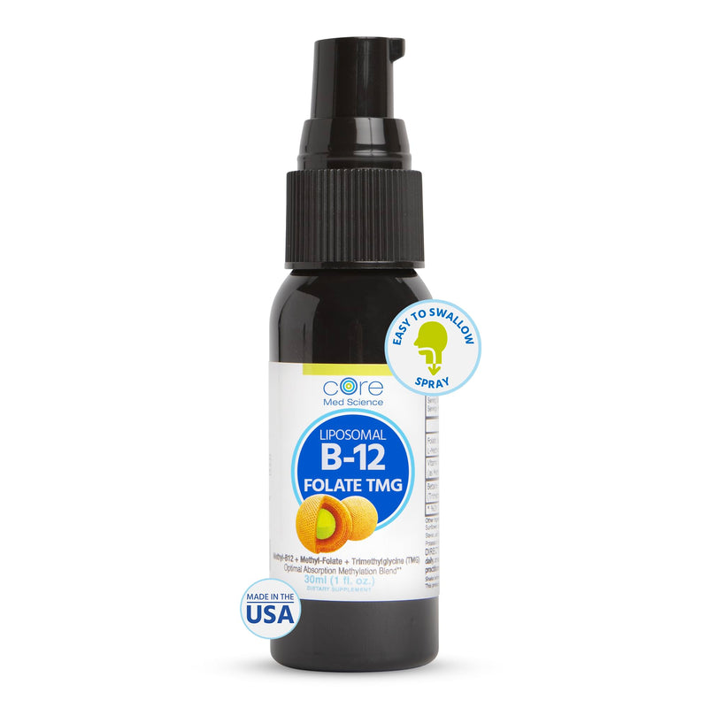 Core Med Science Liposomal B12 Folate TMG Liquid Spray Supplement | Supports Mood, Cognitive, & Heart Health - Vitamin B9 & Betaine for Homocysteine Levels & Methylation Cycle, 1 Fl Oz 1 Fl Oz (Pack of 1)